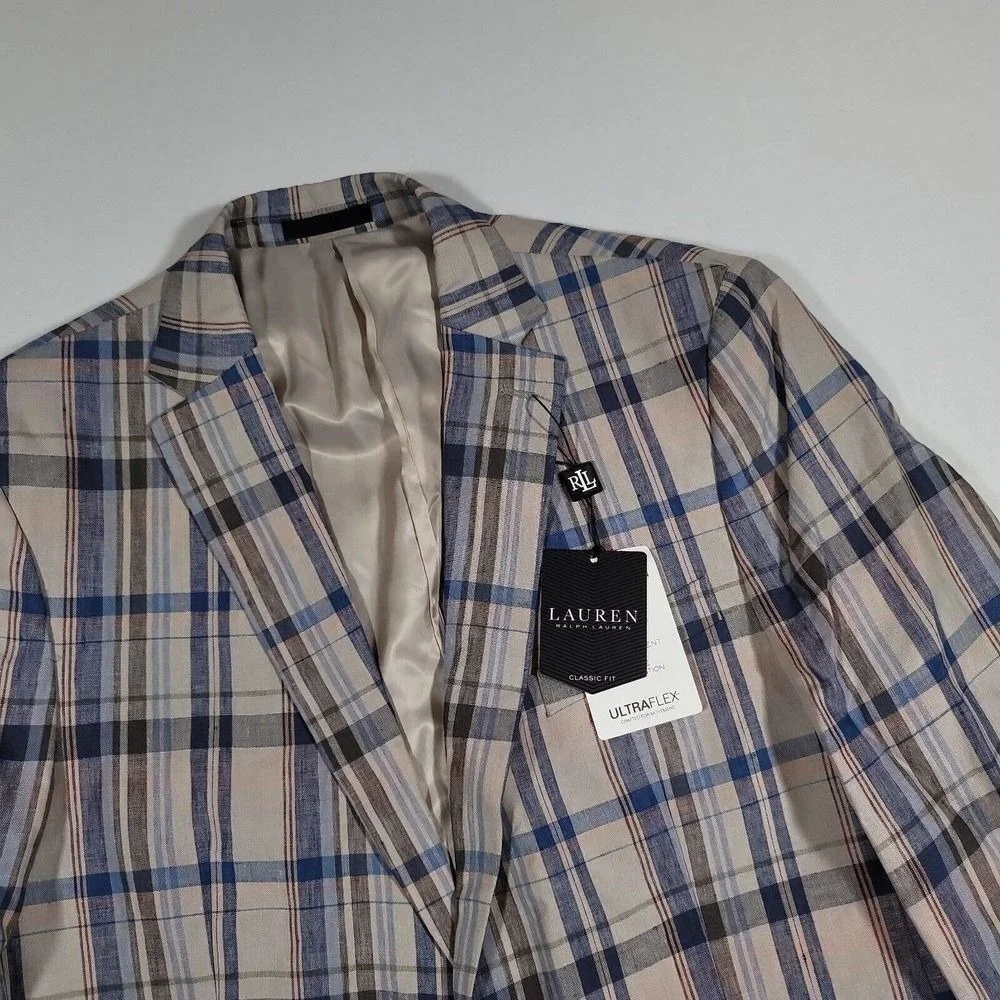 LRL Ralph Lauren Linen‎ Sport Coats Mens 38R Tan Blue Plaid Flex Blazer $295 NEW
